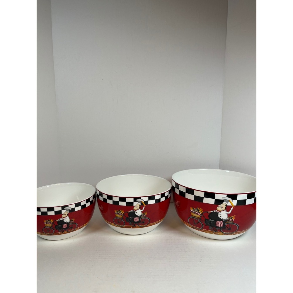 Bon Appetit Chef on Bicycle Nesting Ceramic Mixing Bowls Red Set of 3
